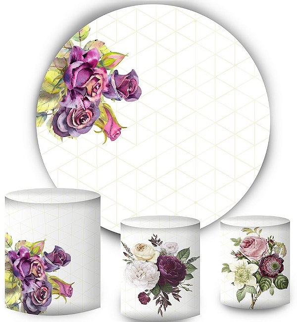 Kit Painel Redondo De Festa e Capas de Cilindro em tecido sublimado Lindas Flores