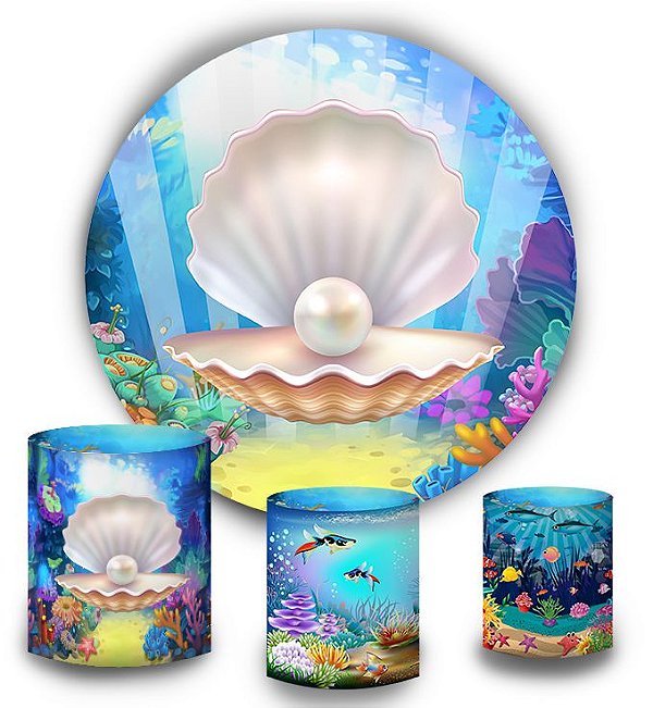 Kit Painel Redondo De Festa e Capas de Cilindro em tecido sublimado Cocha Fundo do Mar