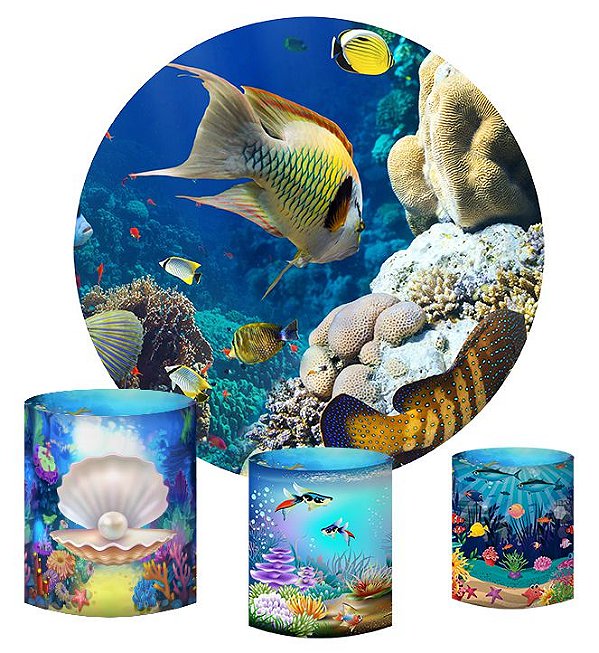 Kit Painel Redondo De Festa e Capas de Cilindro em tecido sublimado Peixes Fundo do Mar