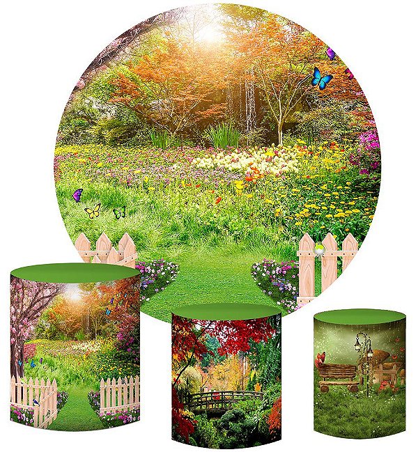 Kit Painel Redondo De Festa e Capas de Cilindro em tecido sublimado Jardim Primavera