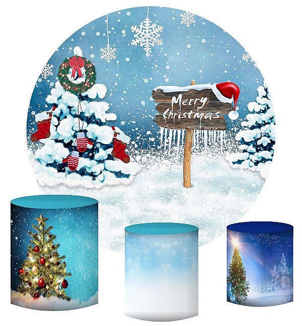 Kit Painel Redondo De Festa e Capas de Cilindro em tecido sublimado Neve no Natal