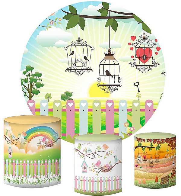 Kit Painel Redondo De Festa e Capas de Cilindro em tecido sublimado Lindos Passarinhos