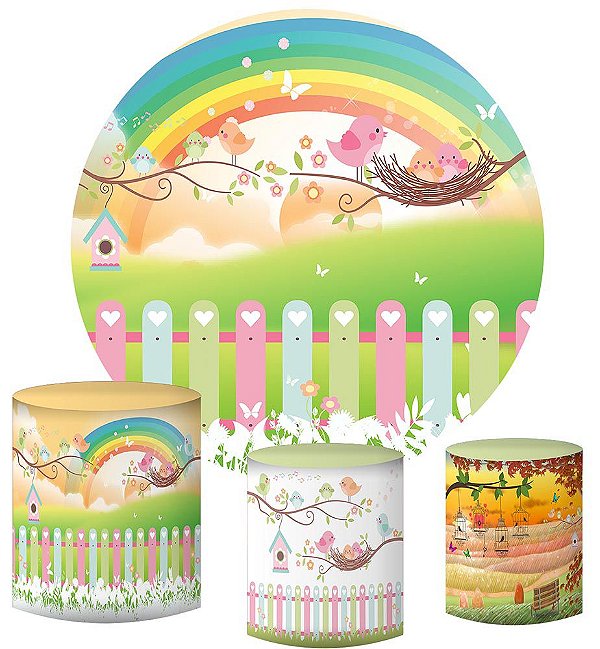 Kit Painel Redondo De Festa e Capas de Cilindro em tecido sublimado Passarinhos no Jardim