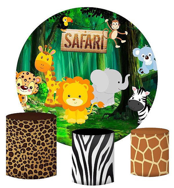 Kit Painel Redondo De Festa e Capas de Cilindro em tecido sublimado Safari Cute