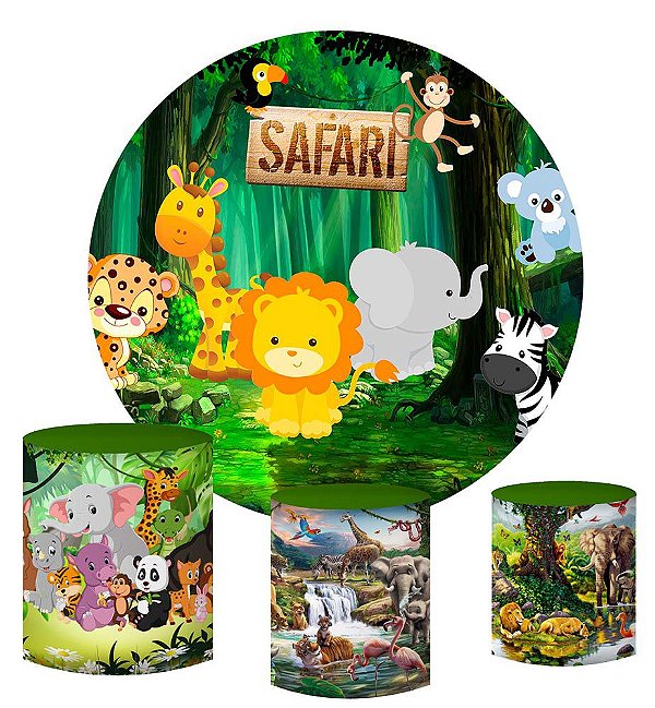 Kit Painel Redondo De Festa e Capas de Cilindro em tecido sublimado Safari Cute Mod2