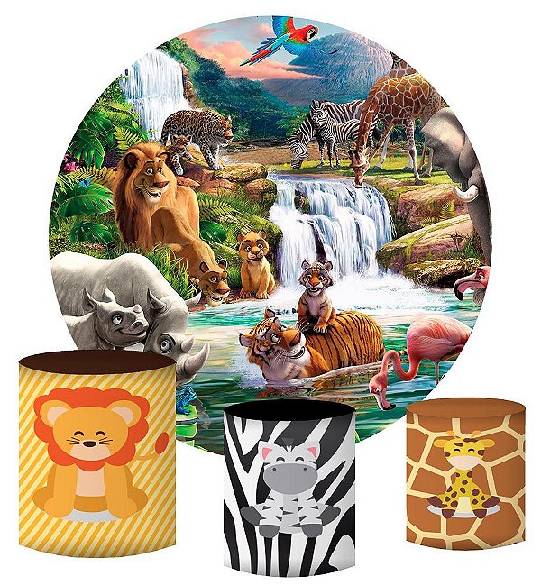 Kit Painel Redondo De Festa e Capas de Cilindro em tecido sublimado Safari na Savana