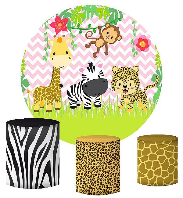 Kit Painel Redondo De Festa e Capas de Cilindro em tecido sublimado Lindo Safari