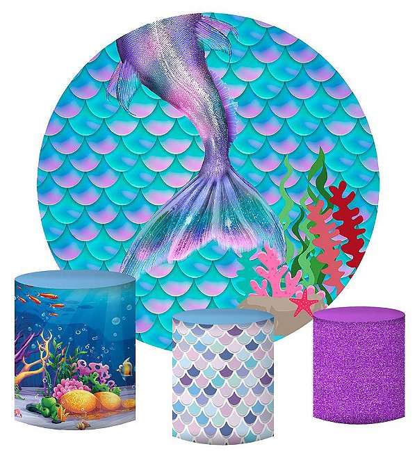 Kit Painel Redondo De Festa e Capas de Cilindro em tecido sublimado Cauda de Sereia