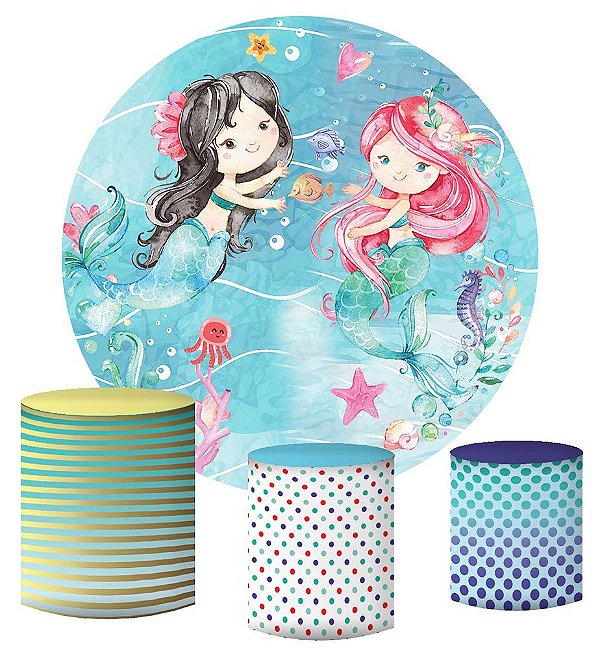 Kit Painel Redondo De Festa e Capas de Cilindro em tecido sublimado Sereias Aquarelas