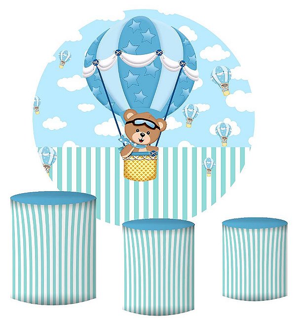 Kit Painel Redondo De Festa e Capas de Cilindro em tecido sublimado Ursinho Baloeiro Azul