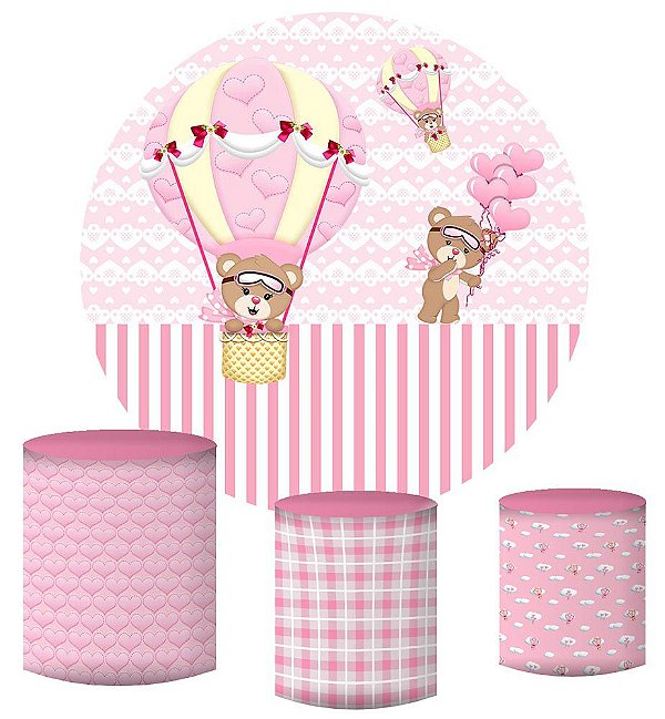 Kit Painel Redondo De Festa e Capas de Cilindro em tecido sublimado Ursinha Baloeira Rosa