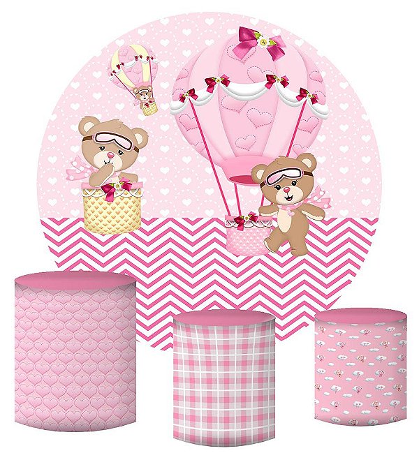 Kit Painel Redondo De Festa e Capas de Cilindro em tecido sublimado Ursinha Baloeira Rosa Mod2