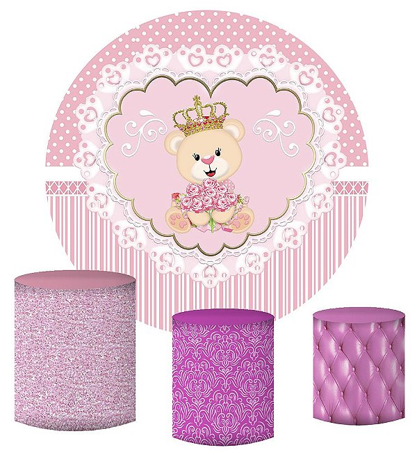 Kit Painel Redondo De Festa e Capas de Cilindro em tecido sublimado Ursinha Princesa