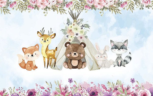 Painel de Festa em Tecido Sublimado 3d Animais Bosque Mágico
