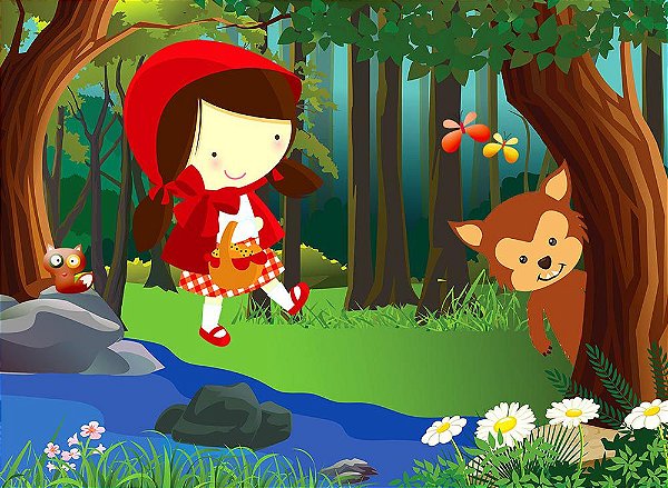 Painel de Festa em Tecido Sublimado 3d Lobo e Chapeuzinho Vermelho