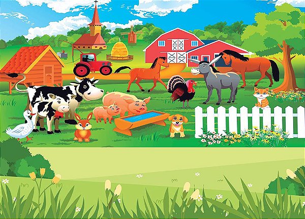 Painel de Festa em Tecido Sublimado 3d Fazendinha Lindos Animais