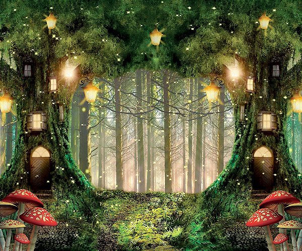 Painel de Festa em Tecido Sublimado 3d Floresta Com Cogumelos