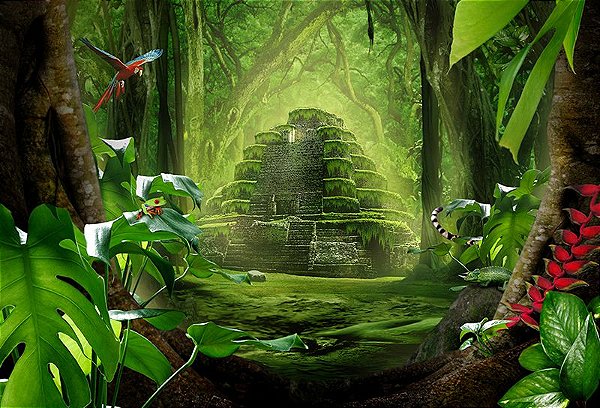 Painel de Festa em Tecido Sublimado 3d Templo Floresta Mágica