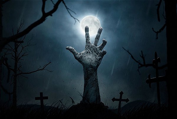 Painel de Festa em Tecido Sublimado 3d Mão no cemitério Halloween