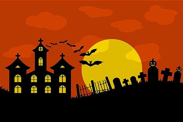 Painel de Festa em Tecido Sublimado 3d Halloween Cemitério