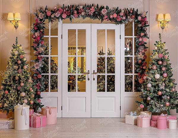 Painel de Festa em Tecido Sublimado Lojinha de Natal Rosa