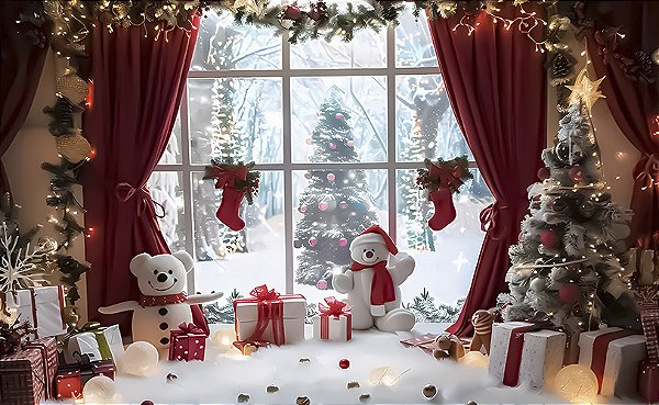 Painel de Festa em Tecido Sublimado Sala de Estar e Janela de Natal