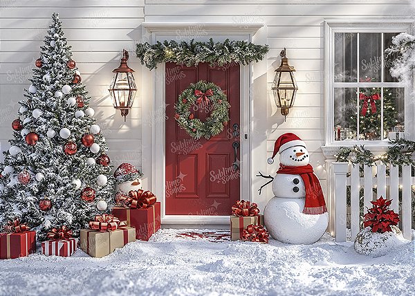 Painel de Festa em Tecido Sublimado Natal com Boneco de Neve
