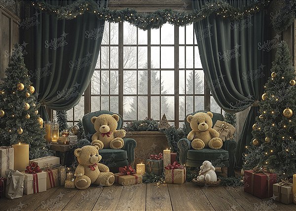 Painel de Festa em Tecido Sublimado Janela com Ursos de Natal