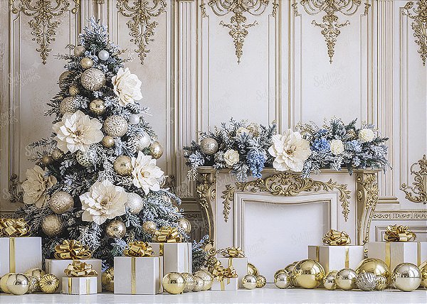 Painel de Festa em Tecido Sublimado Lareira de Natal e Flores