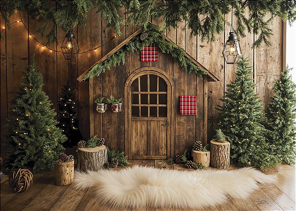 Painel de Festa em Tecido Sublimado Casinha de Madeira de Natal