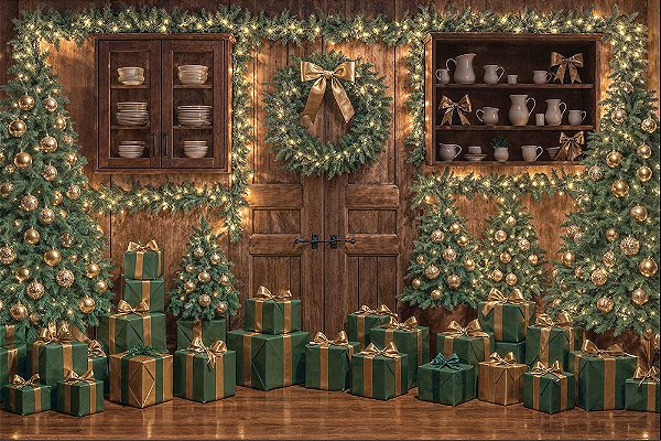 Painel de Festa em Tecido Sublimado Natal Verde e Rustico