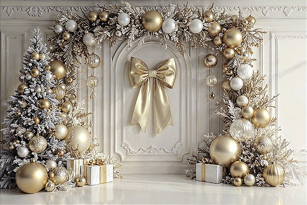 Painel de Festa em Tecido Sublimado Natal Dourado e Branco com Laço