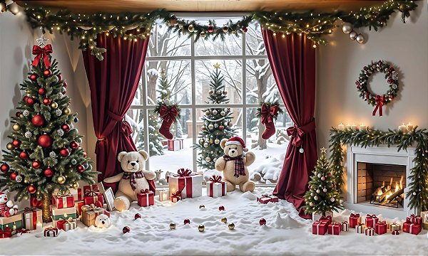 Painel de Festa em Tecido Sublimado Presentes de Natal e Ursinhos