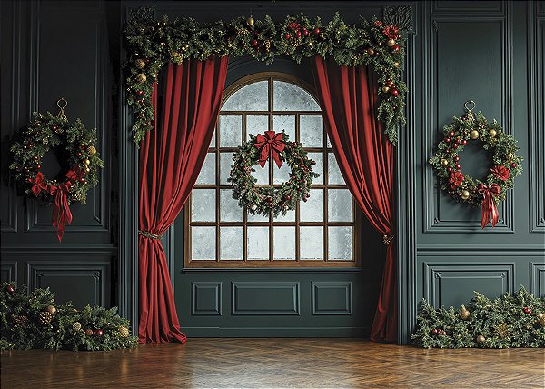 Painel de Festa em Tecido Sublimado Guirlandas de Natal