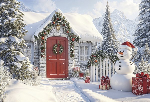 Painel de Festa em Tecido Sublimado Natal Casinha e Boneco de Neve