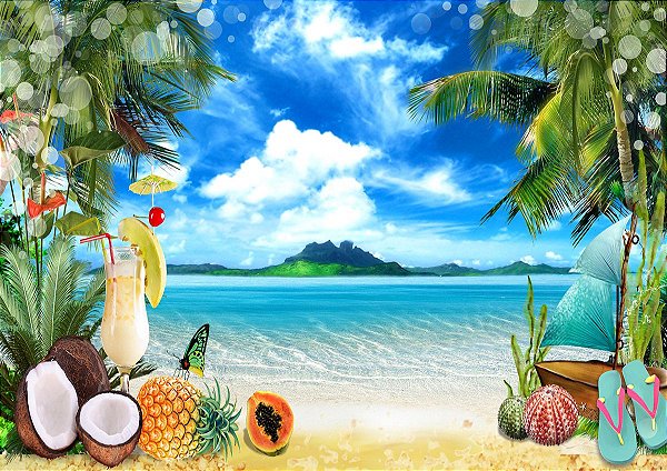 Painel de Festa em Tecido Sublimado 3d Linda Ilha Tropical