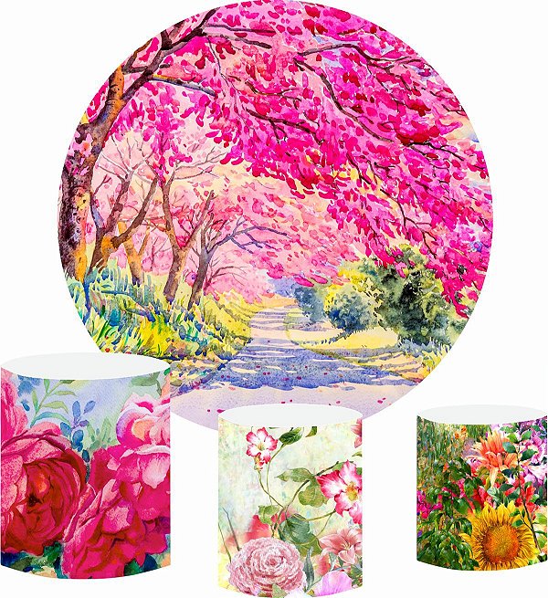 Kit Painel Redondo De Festa e Capas de Cilindro em tecido sublimado Jardim Aquarela