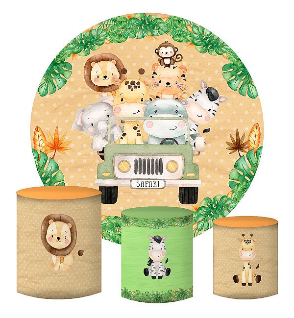 Kit Painel Redondo De Festa e Capas de Cilindro em tecido sublimado Jeep do Safari