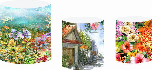 Kit Capas de Cilindro de festa em tecido sublimado Casa Jardim Aquarela