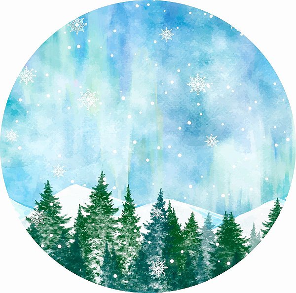 Painel de Festa Redondo em Tecido Sublimado Floresta Nevada Aquarela c/elástico