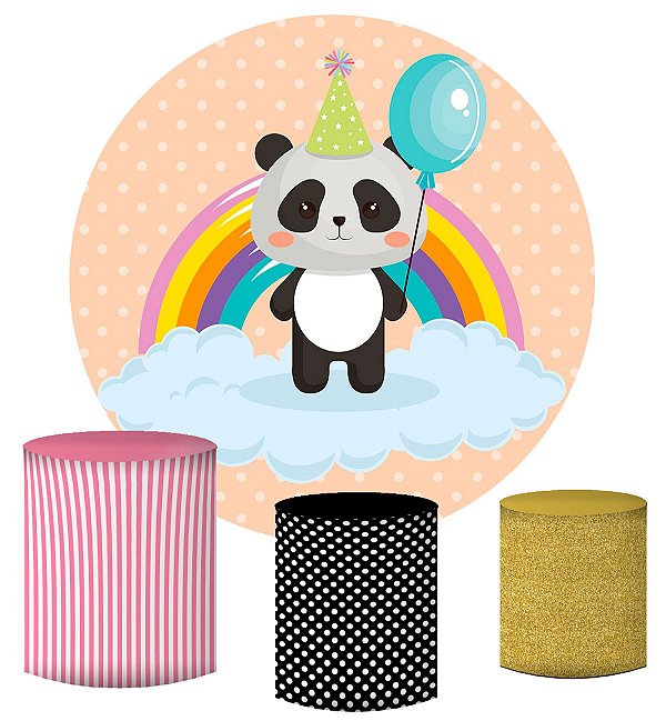 Kit Painel Redondo De Festa e Capas de Cilindro em tecido sublimado Panda Arco-íris