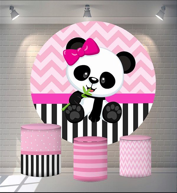 Kit Painel Redondo De Festa e Capas de Cilindro em tecido sublimado Panda Rosa