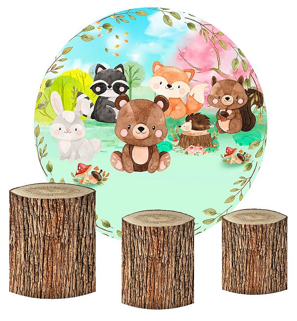 Kit Painel Redondo De Festa e Capas de Cilindro em tecido sublimado Bosque Aquarela com Troncos
