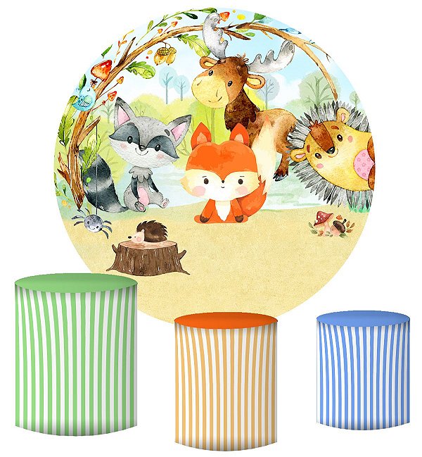 Kit Painel Redondo De Festa e Capas de Cilindro em tecido sublimado Bosque Aquarela Animais