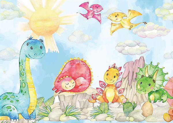 Painel de Festa em Tecido Sublimado 3d Dinossauros Baby Aquarela Azul