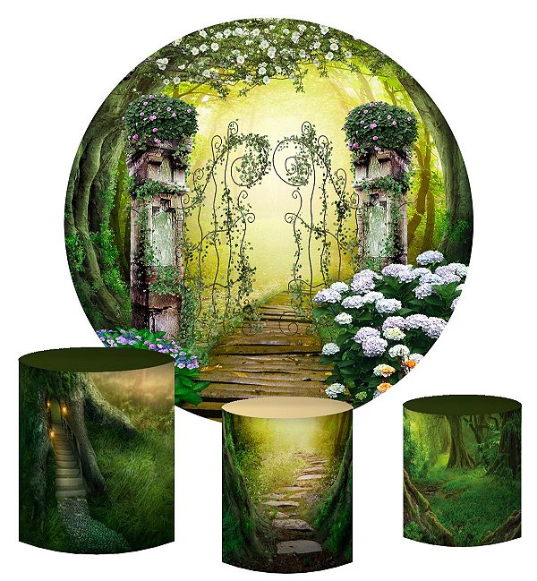 Kit Painel Redondo De Festa e Capas de Cilindro em tecido sublimado Portal da Floresta