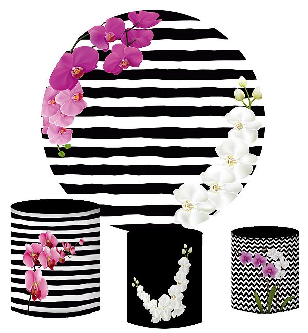 Kit Painel Redondo De Festa e Capas de Cilindro em tecido sublimado Orquídeas