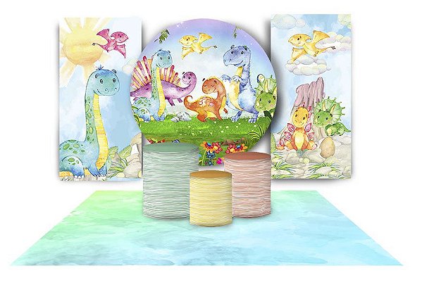 Super Kit Painel De Festa e Capas de Cilindro em tecido sublimado Dinossauros Baby