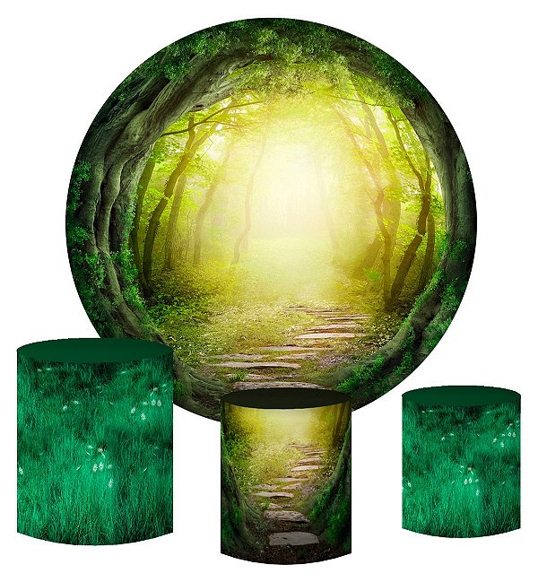 Kit Painel Redondo De Festa e Capas de Cilindro em tecido sublimado Portal da Floresta Mágica