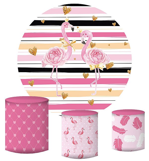 Kit Painel Redondo De Festa e Capas de Cilindro em tecido sublimado Flamingos Rosas Lindos